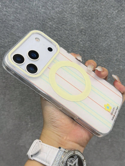 Stylish Double Color Stripe Floral Magnetic Wireless Charging Phone Case Compatible With IPhone 17Air 16 15 14 13 Pro Max Shockproof Back Cover