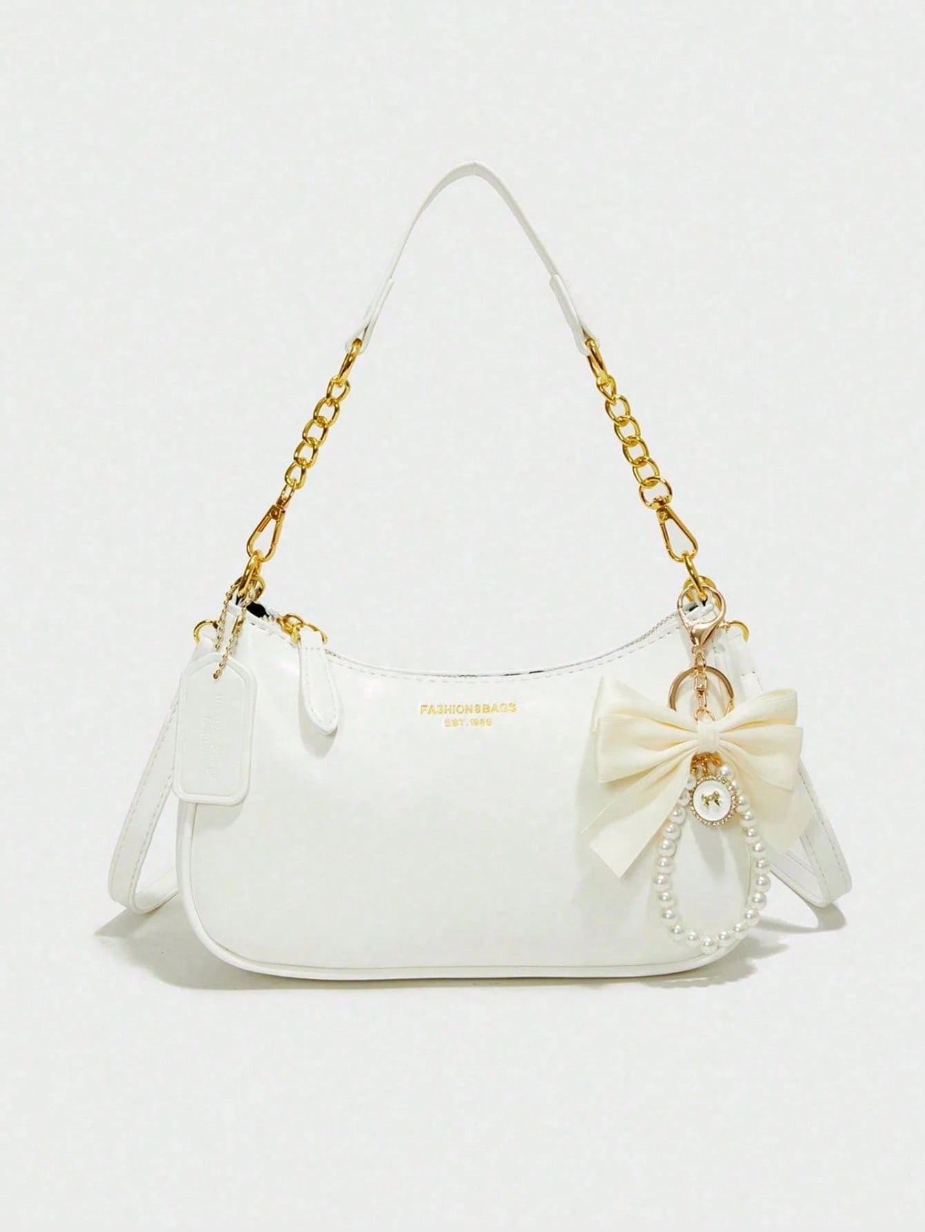 Stylish New Shoulder Bag Featuring Patterned Accents And A Pearl Bow Pendant. Solid-Color Waterproof PU Fabric Shoulder Bag Crescent Bag, Underarm Bag