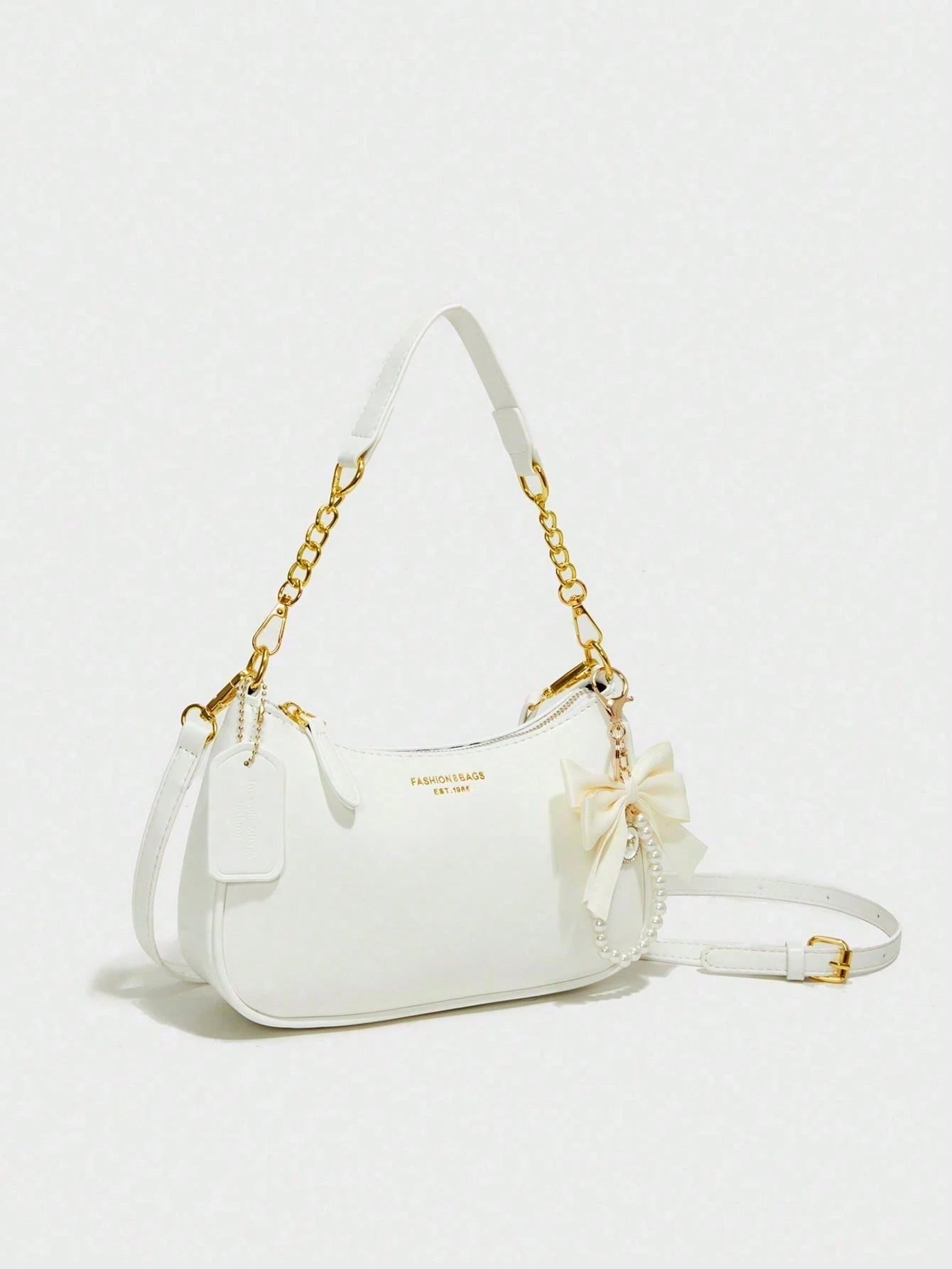 Stylish New Shoulder Bag Featuring Patterned Accents And A Pearl Bow Pendant. Solid-Color Waterproof PU Fabric Shoulder Bag Crescent Bag, Underarm Bag