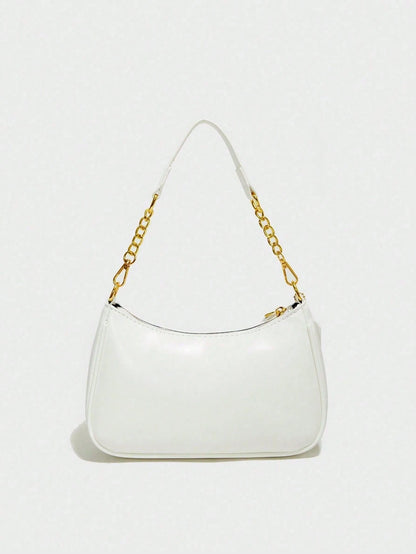 Stylish New Shoulder Bag Featuring Patterned Accents And A Pearl Bow Pendant. Solid-Color Waterproof PU Fabric Shoulder Bag Crescent Bag, Underarm Bag
