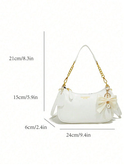 Stylish New Shoulder Bag Featuring Patterned Accents And A Pearl Bow Pendant. Solid-Color Waterproof PU Fabric Shoulder Bag Crescent Bag, Underarm Bag