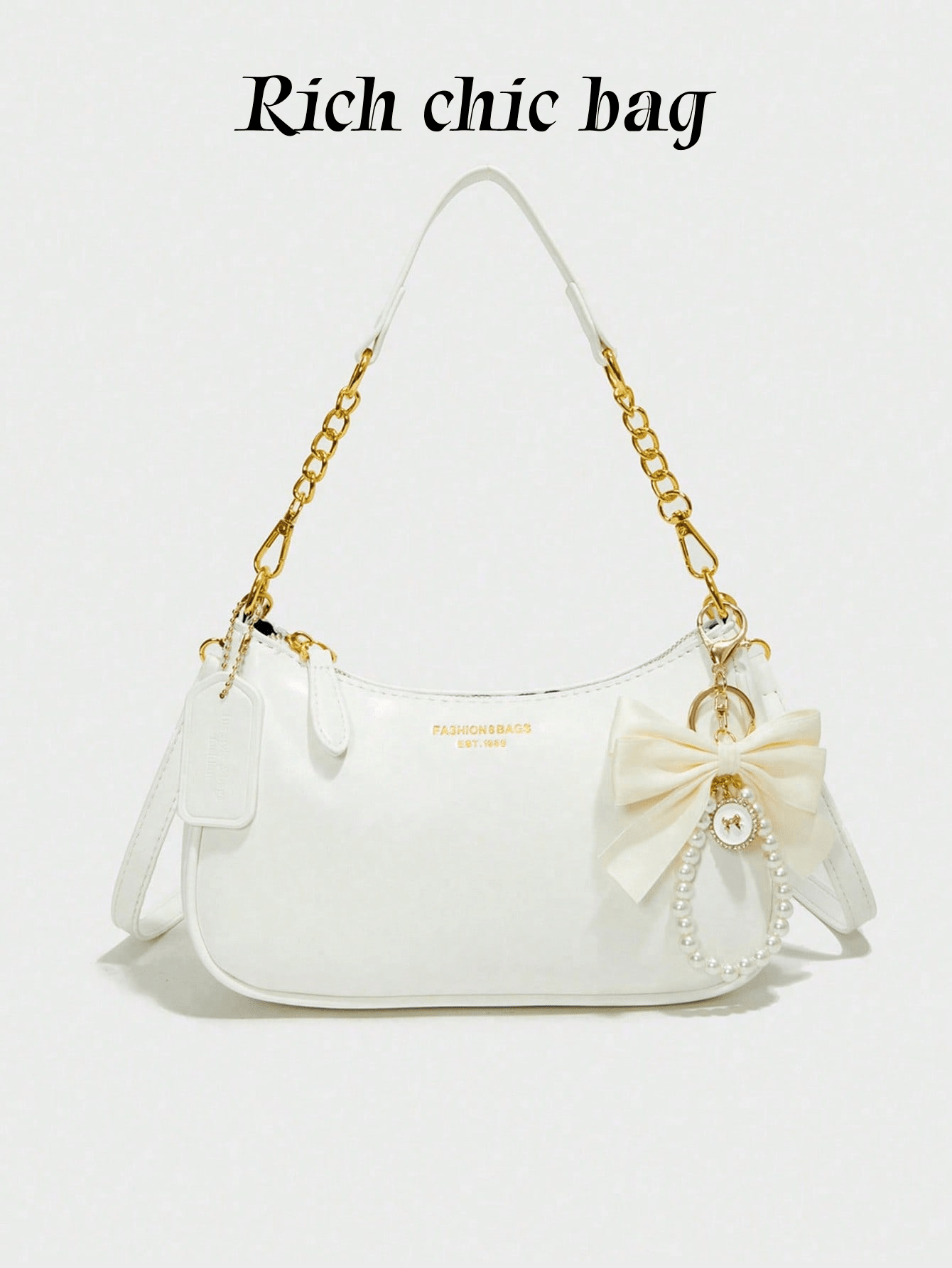 Stylish New Shoulder Bag Featuring Patterned Accents And A Pearl Bow Pendant. Solid-Color Waterproof PU Fabric Shoulder Bag Crescent Bag, Underarm Bag