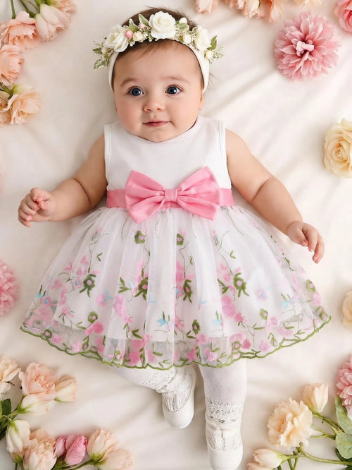 Summer Cute Light Pink Newborn Baby Girl White Sleeveless Patchwork Bow Flower Embroidered Mesh Dress Wedding Wedding Guest Guest Christening