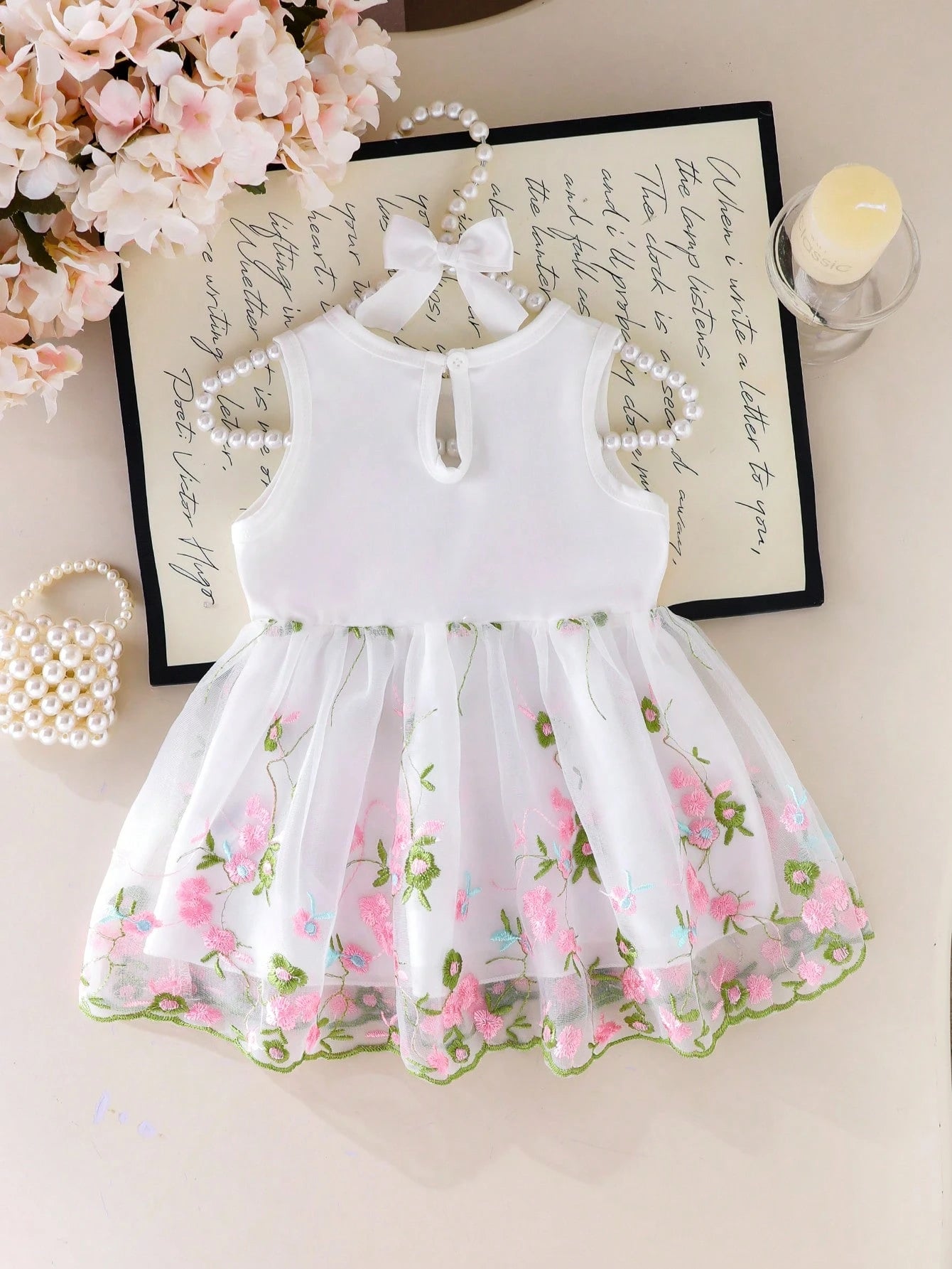 Summer Cute Light Pink Newborn Baby Girl White Sleeveless Patchwork Bow Flower Embroidered Mesh Dress Wedding Wedding Guest Guest Christening