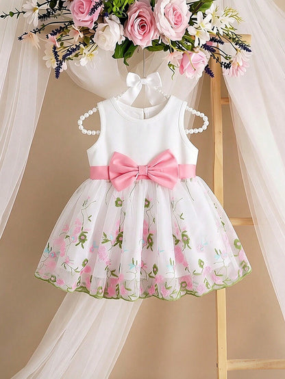 Summer Cute Light Pink Newborn Baby Girl White Sleeveless Patchwork Bow Flower Embroidered Mesh Dress Wedding Wedding Guest Guest Christening