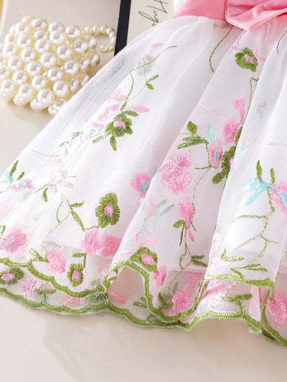 Summer Cute Light Pink Newborn Baby Girl White Sleeveless Patchwork Bow Flower Embroidered Mesh Dress Wedding Wedding Guest Guest Christening