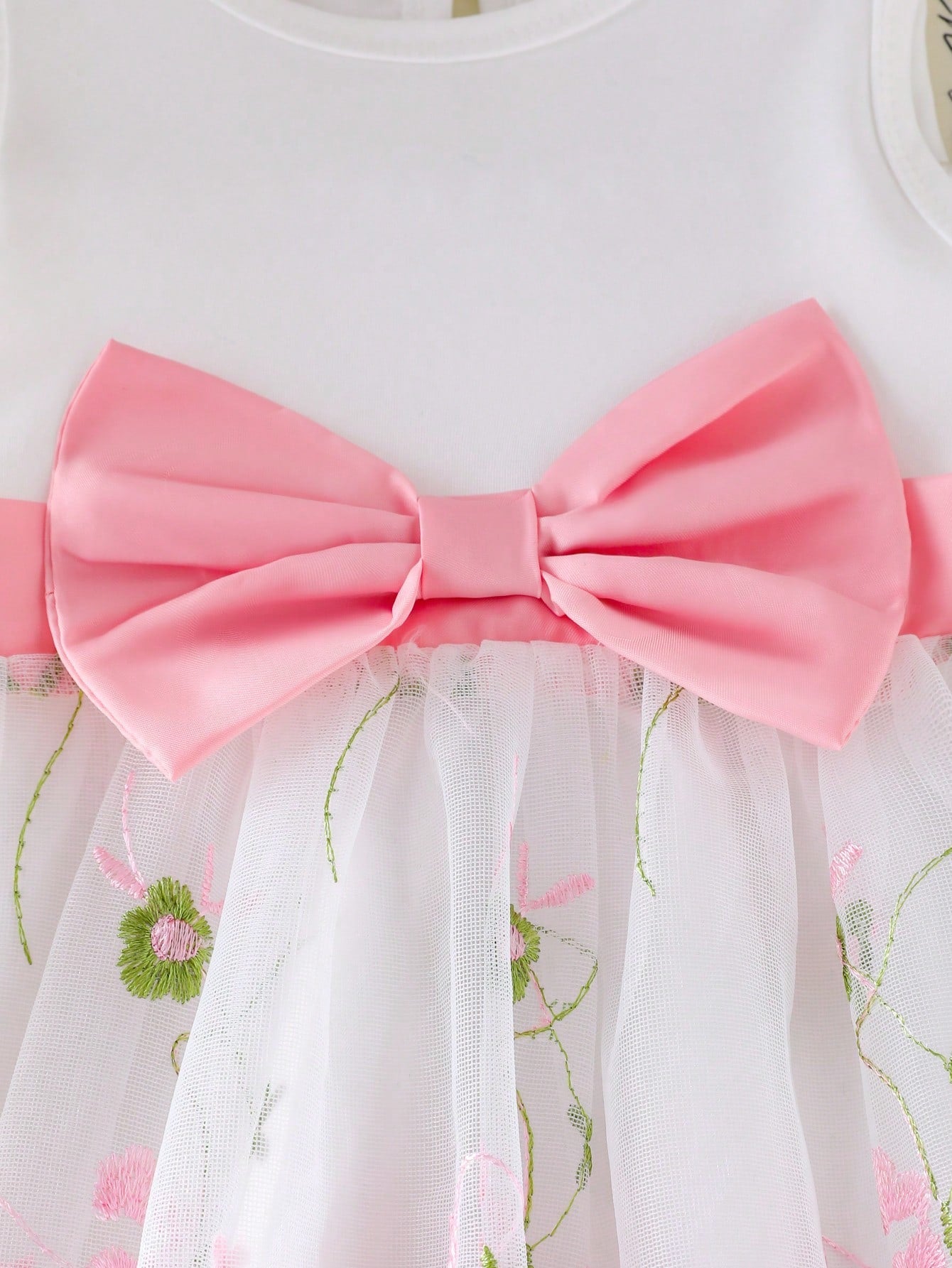 Summer Cute Light Pink Newborn Baby Girl White Sleeveless Patchwork Bow Flower Embroidered Mesh Dress Wedding Wedding Guest Guest Christening
