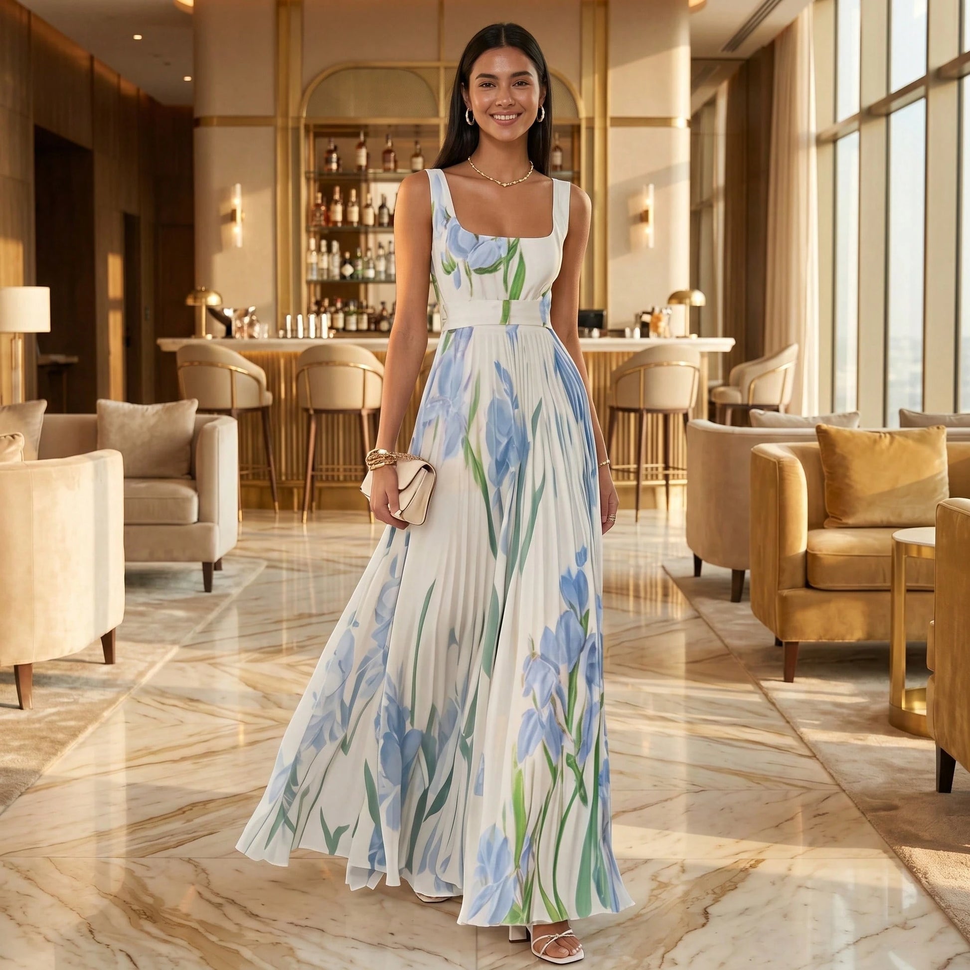 Summer Dresses For WomenSquare Neck Sleeveless Blue Iris Floral Print Pleated Belted Flowy Maxi Dress, Elegant Summer Dress For Women For Casudresses