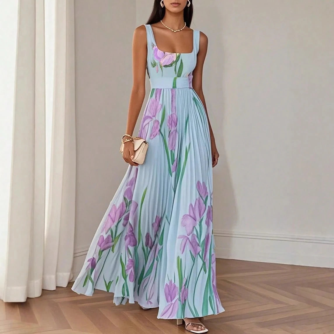 Summer Dresses For WomenSquare Neck Sleeveless Blue Iris Floral Print Pleated Belted Flowy Maxi Dress, Elegant Summer Dress For Women For Casudresses