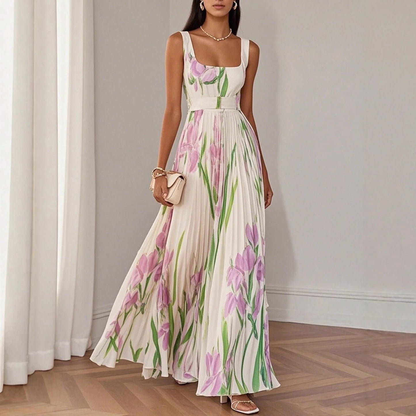 Summer Dresses For WomenSquare Neck Sleeveless Blue Iris Floral Print Pleated Belted Flowy Maxi Dress, Elegant Summer Dress For Women For Casudresses