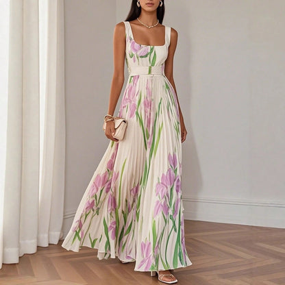 Summer Dresses For WomenSquare Neck Sleeveless Blue Iris Floral Print Pleated Belted Flowy Maxi Dress, Elegant Summer Dress For Women For Casudresses