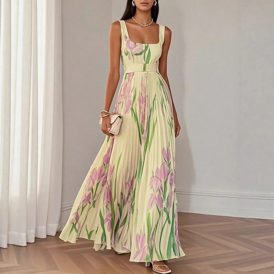 Summer Dresses For WomenSquare Neck Sleeveless Blue Iris Floral Print Pleated Belted Flowy Maxi Dress, Elegant Summer Dress For Women For Casudresses