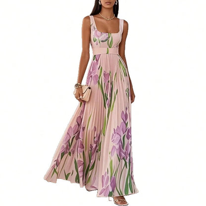 Summer Dresses For WomenSquare Neck Sleeveless Blue Iris Floral Print Pleated Belted Flowy Maxi Dress, Elegant Summer Dress For Women For Casudresses