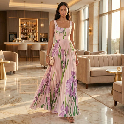 Summer Dresses For WomenSquare Neck Sleeveless Blue Iris Floral Print Pleated Belted Flowy Maxi Dress, Elegant Summer Dress For Women For Casudresses