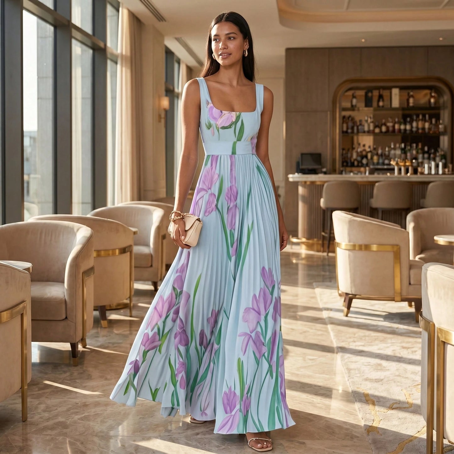 Summer Dresses For WomenSquare Neck Sleeveless Blue Iris Floral Print Pleated Belted Flowy Maxi Dress, Elegant Summer Dress For Women For Casudresses