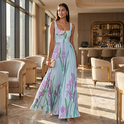 Summer Dresses For WomenSquare Neck Sleeveless Blue Iris Floral Print Pleated Belted Flowy Maxi Dress, Elegant Summer Dress For Women For Casudresses