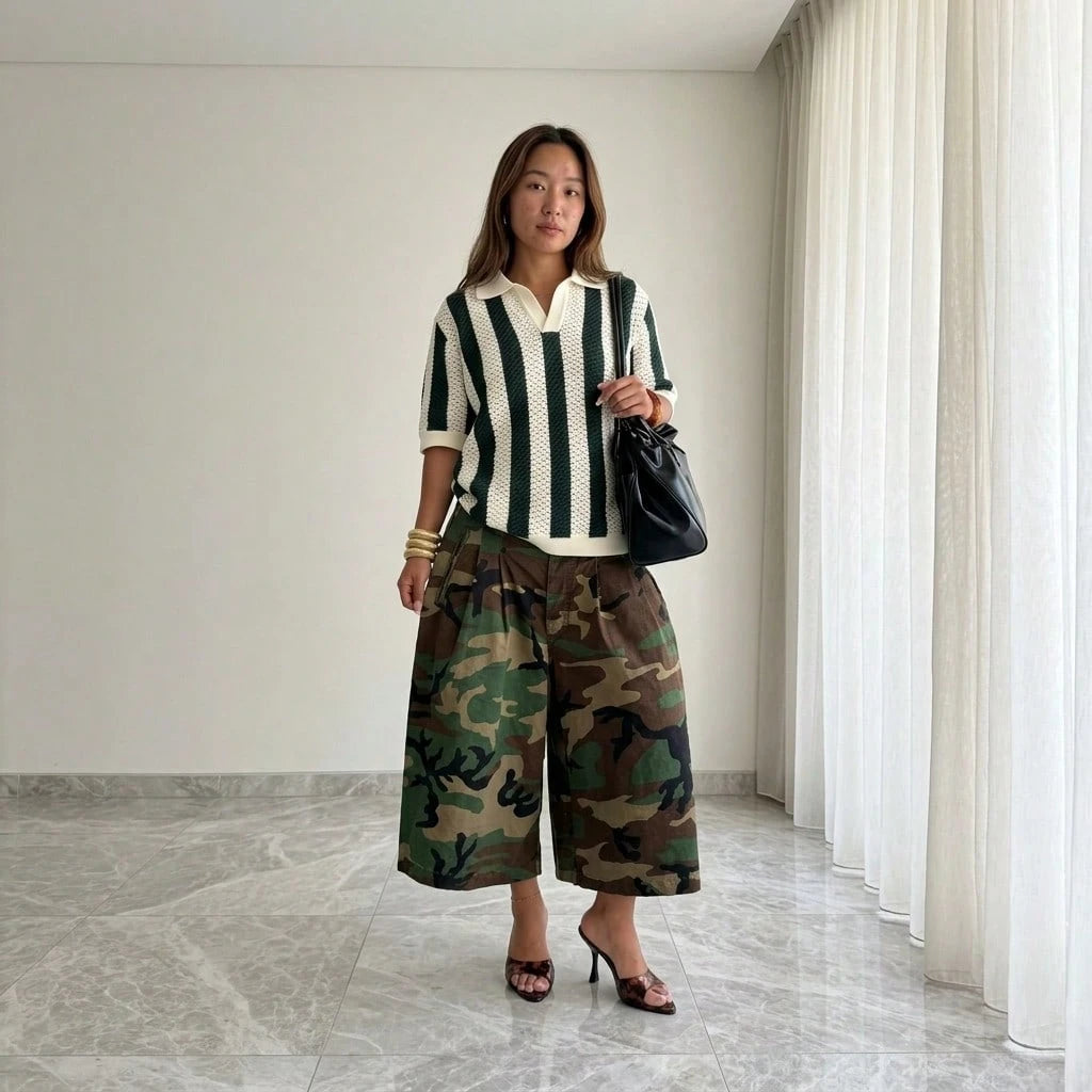 Summer Dresses For WomenStylish Streetwear Women Camouflage Cargo Wide Leg Culottes, Loose Pleated High Waist Relaxed Fit Casual Cropdresses For Women