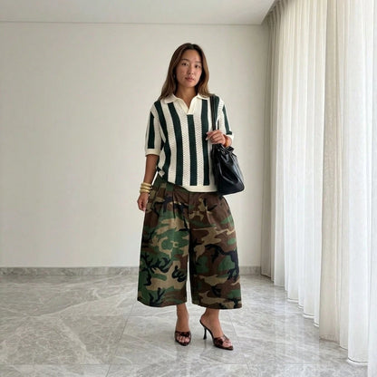 Summer Dresses For WomenStylish Streetwear Women Camouflage Cargo Wide Leg Culottes, Loose Pleated High Waist Relaxed Fit Casual Cropdresses For Women