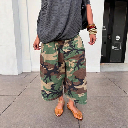 Summer Dresses For WomenStylish Streetwear Women Camouflage Cargo Wide Leg Culottes, Loose Pleated High Waist Relaxed Fit Casual Cropdresses For Women