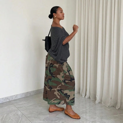 Summer Dresses For WomenStylish Streetwear Women Camouflage Cargo Wide Leg Culottes, Loose Pleated High Waist Relaxed Fit Casual Cropdresses For Women