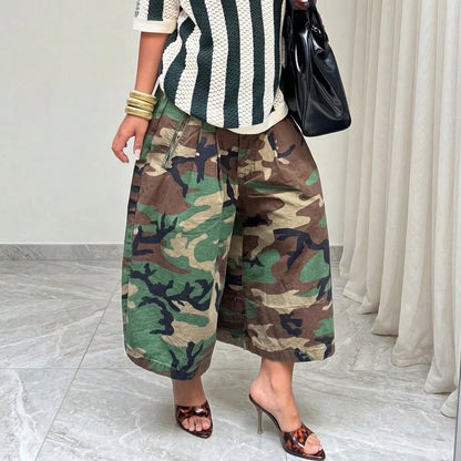 Summer Dresses For WomenStylish Streetwear Women Camouflage Cargo Wide Leg Culottes, Loose Pleated High Waist Relaxed Fit Casual Cropdresses For Women