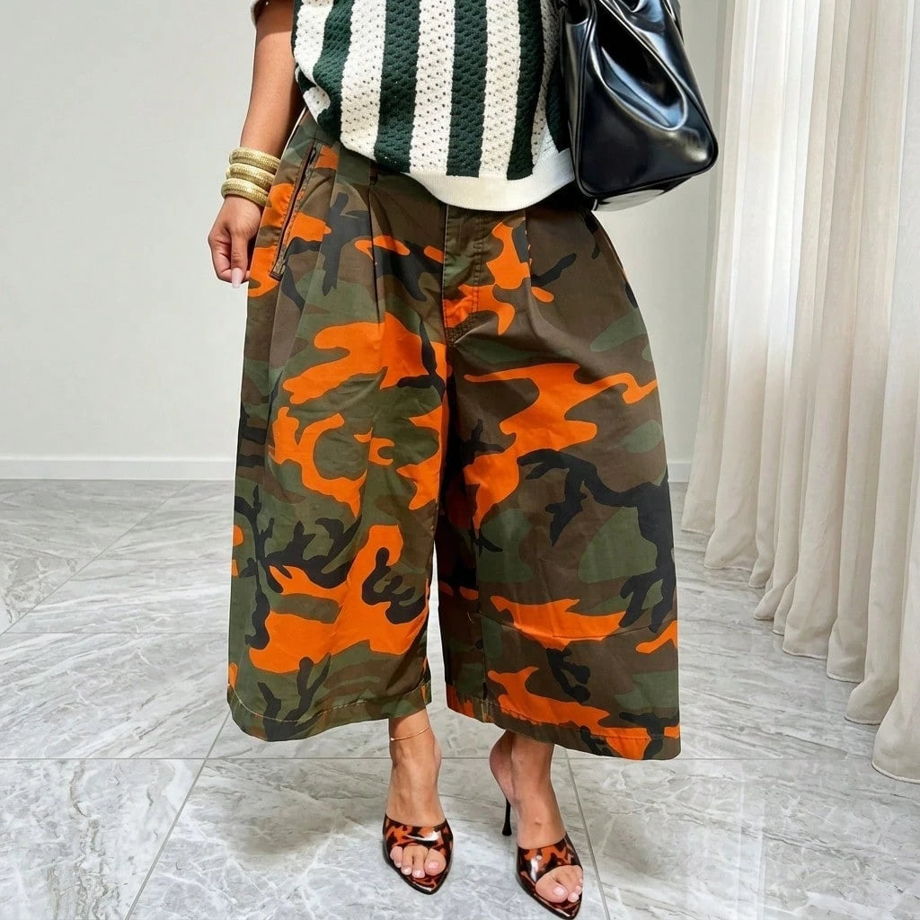 Summer Dresses For WomenStylish Streetwear Women Camouflage Cargo Wide Leg Culottes, Loose Pleated High Waist Relaxed Fit Casual Cropdresses For Women