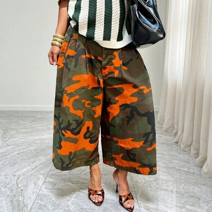 Summer Dresses For WomenStylish Streetwear Women Camouflage Cargo Wide Leg Culottes, Loose Pleated High Waist Relaxed Fit Casual Cropdresses For Women