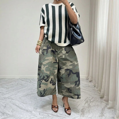 Summer Dresses For WomenStylish Streetwear Women Camouflage Cargo Wide Leg Culottes, Loose Pleated High Waist Relaxed Fit Casual Cropdresses For Women
