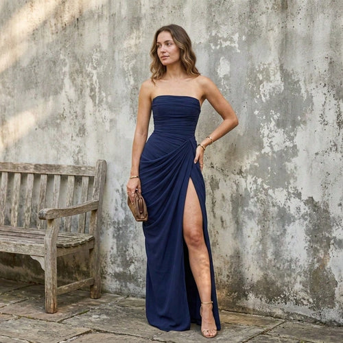 Summer Dresses For WomenWomen Strapless Ruched Draped High Slit Maxi Dress Summer Elegant Fitted Evening Party Wedding Guest Prom Fordresses For Women