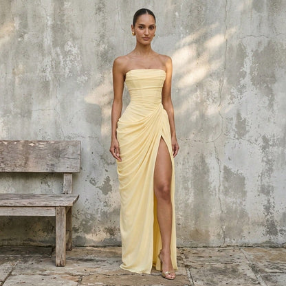 Summer Dresses For WomenWomen Strapless Ruched Draped High Slit Maxi Dress Summer Elegant Fitted Evening Party Wedding Guest Prom Fordresses For Women