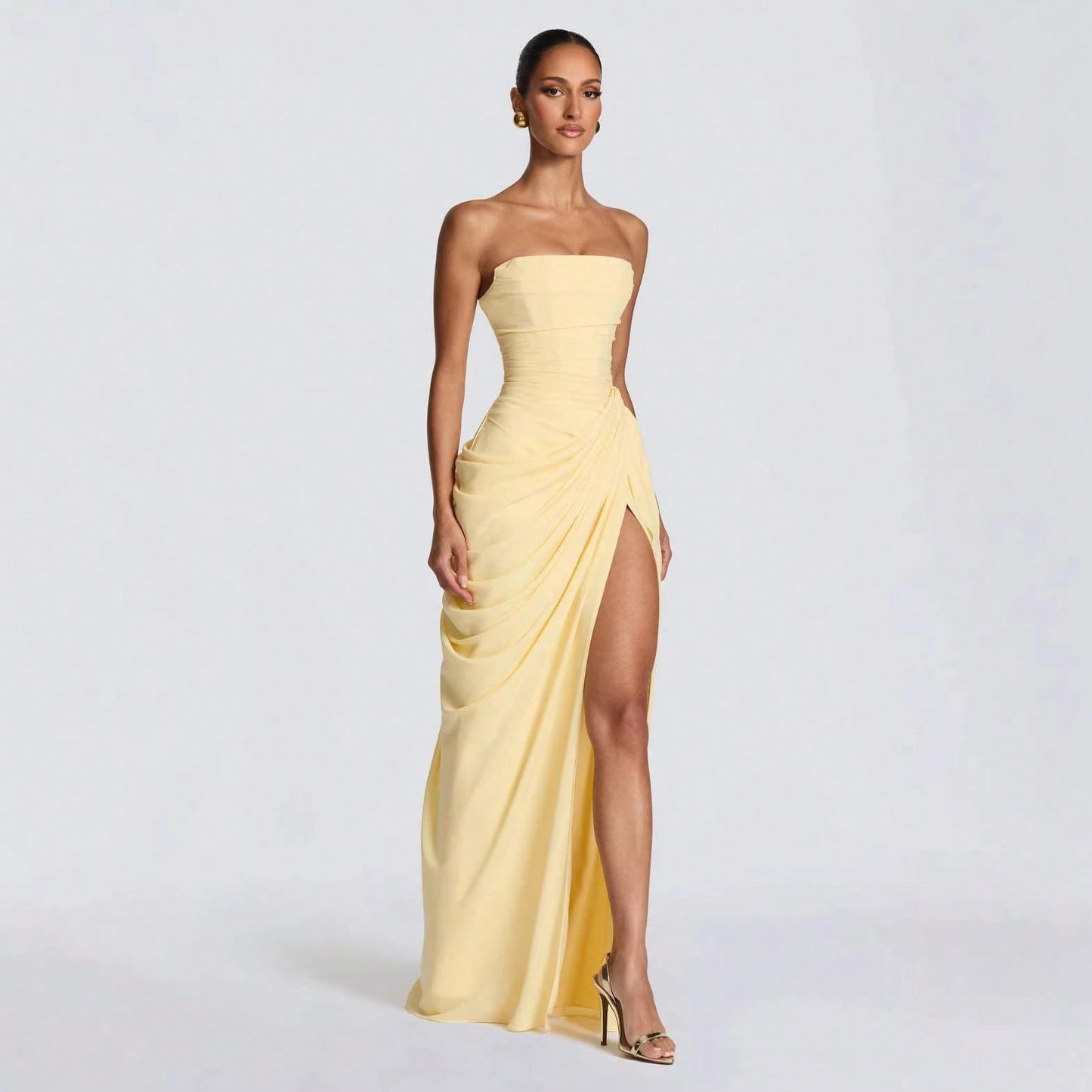 Summer Dresses For WomenWomen Strapless Ruched Draped High Slit Maxi Dress Summer Elegant Fitted Evening Party Wedding Guest Prom Fordresses For Women