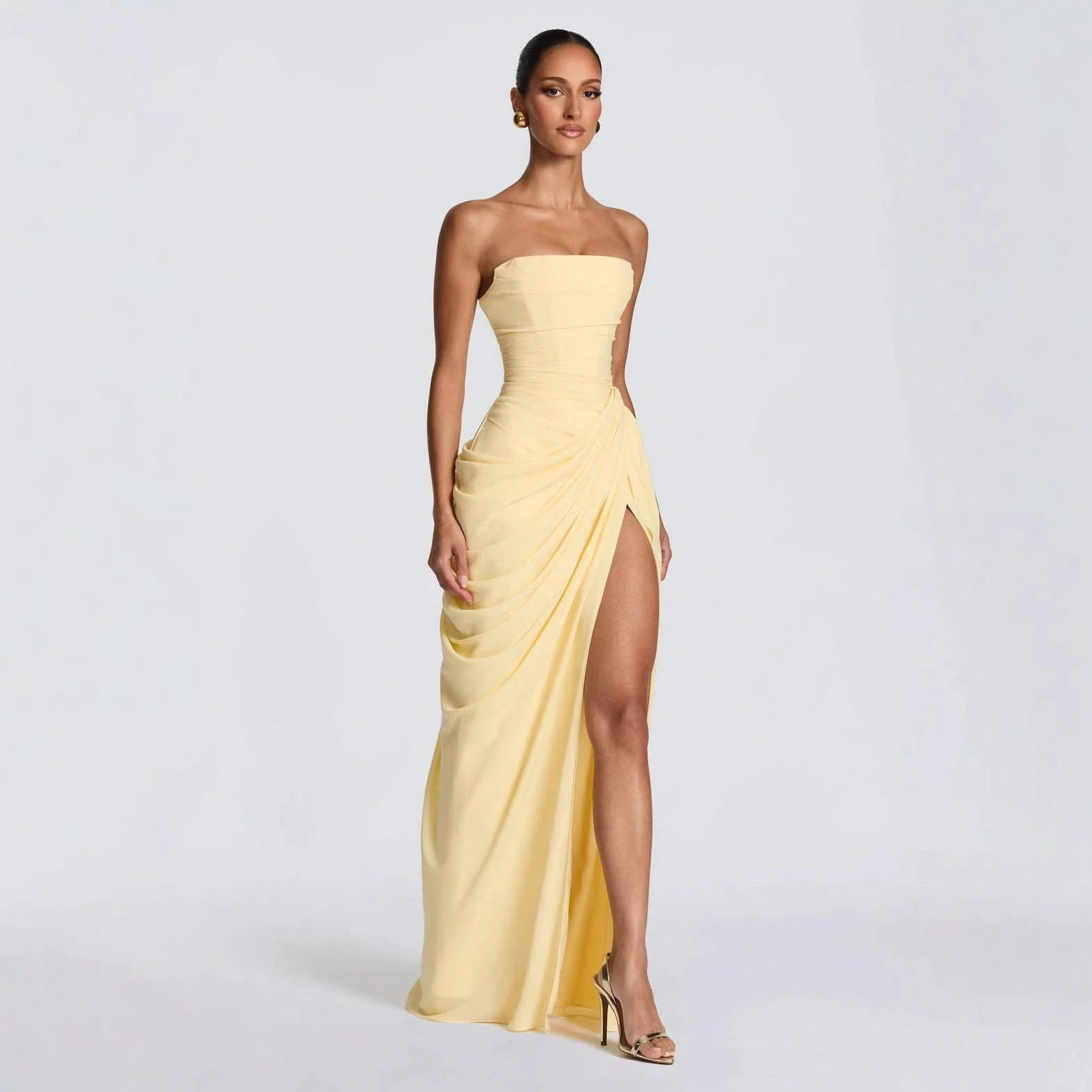 Summer Dresses For WomenWomen Strapless Ruched Draped High Slit Maxi Dress Summer Elegant Fitted Evening Party Wedding Guest Prom Fordresses For Women