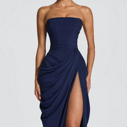 Summer Dresses For WomenWomen Strapless Ruched Draped High Slit Maxi Dress Summer Elegant Fitted Evening Party Wedding Guest Prom Fordresses For Women