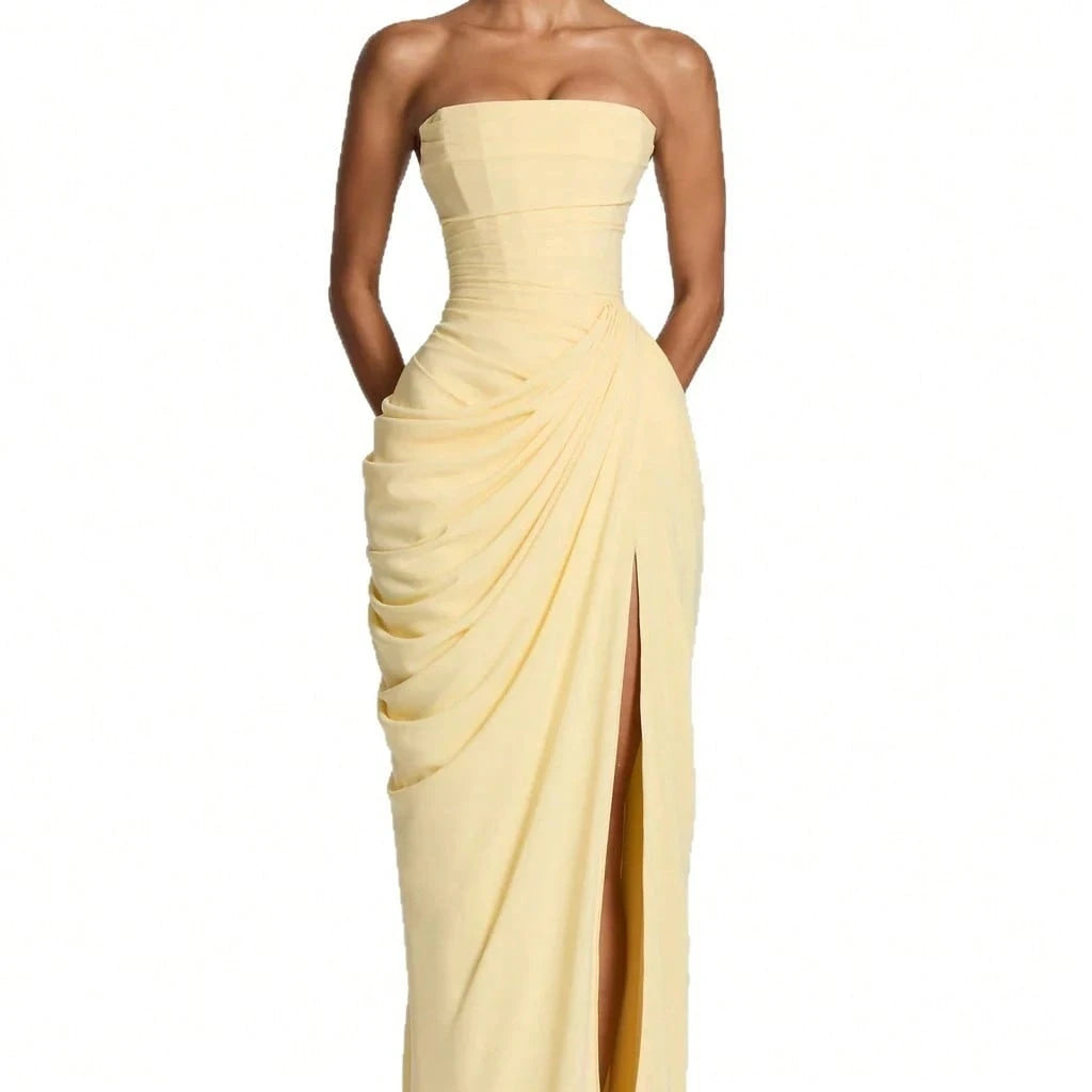 Summer Dresses For WomenWomen Strapless Ruched Draped High Slit Maxi Dress Summer Elegant Fitted Evening Party Wedding Guest Prom Fordresses For Women
