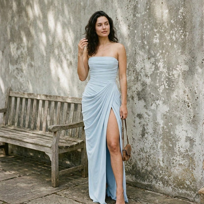 Summer Dresses For WomenWomen Strapless Ruched Draped High Slit Maxi Dress Summer Elegant Fitted Evening Party Wedding Guest Prom Fordresses For Women