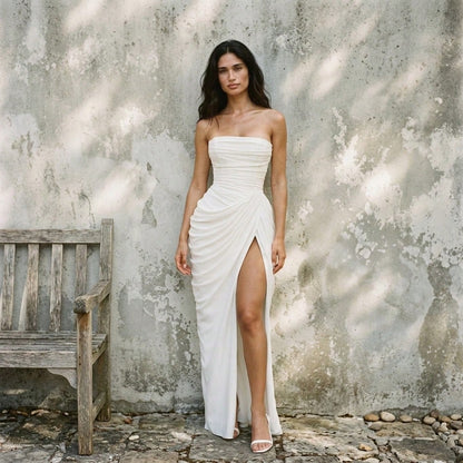 Summer Dresses For WomenWomen Strapless Ruched Draped High Slit Maxi Dress Summer Elegant Fitted Evening Party Wedding Guest Prom Fordresses For Women
