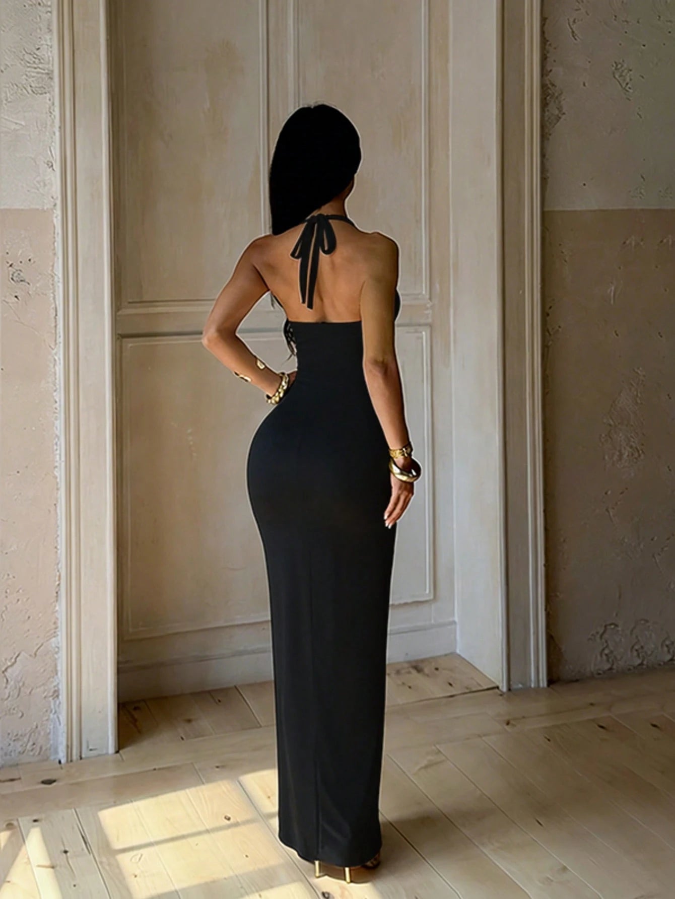 Summer Elegant Party Evening Dress, Sexy Sheer Patchwork Waist Backless Halter Neck Beach Dress, Suitable For Wedding, Vacation