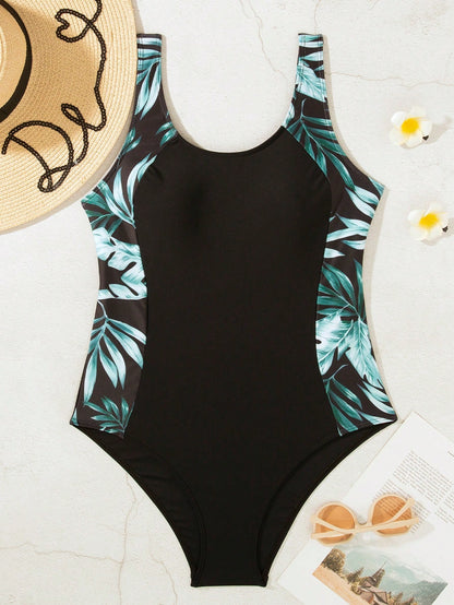 Summer New Women's Competitive Sleeveless One-Piece Swimsuit With Side Print Decoration, High Elastic Fabric, Colorblock Fashion Design Black Vacation