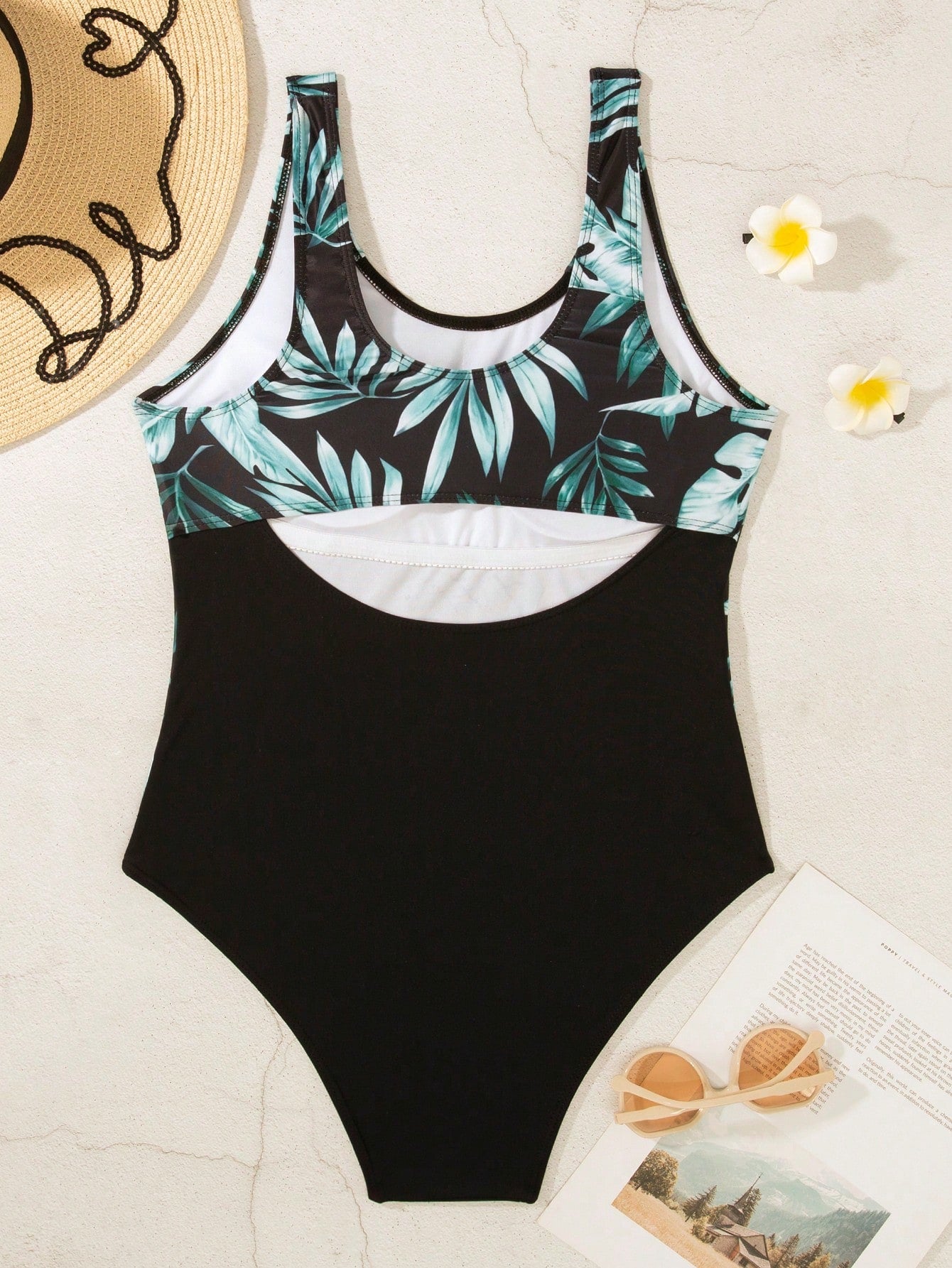 Summer New Women's Competitive Sleeveless One-Piece Swimsuit With Side Print Decoration, High Elastic Fabric, Colorblock Fashion Design Black Vacation