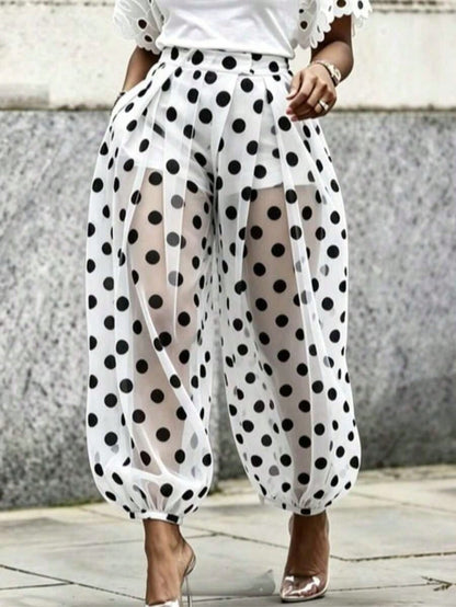 Summer Women Black White Polka Dot Sheer Mesh Cuffed Ankle Pants Built-In Lined Loose Vacation Street Casual Trousers