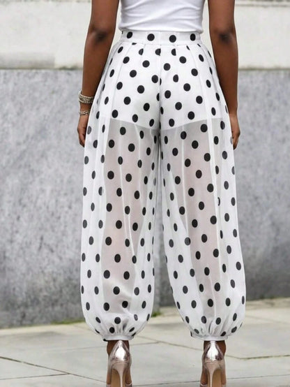 Summer Women Black White Polka Dot Sheer Mesh Cuffed Ankle Pants Built-In Lined Loose Vacation Street Casual Trousers