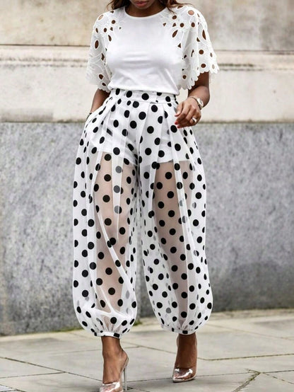 Summer Women Black White Polka Dot Sheer Mesh Cuffed Ankle Pants Built-In Lined Loose Vacation Street Casual Trousers