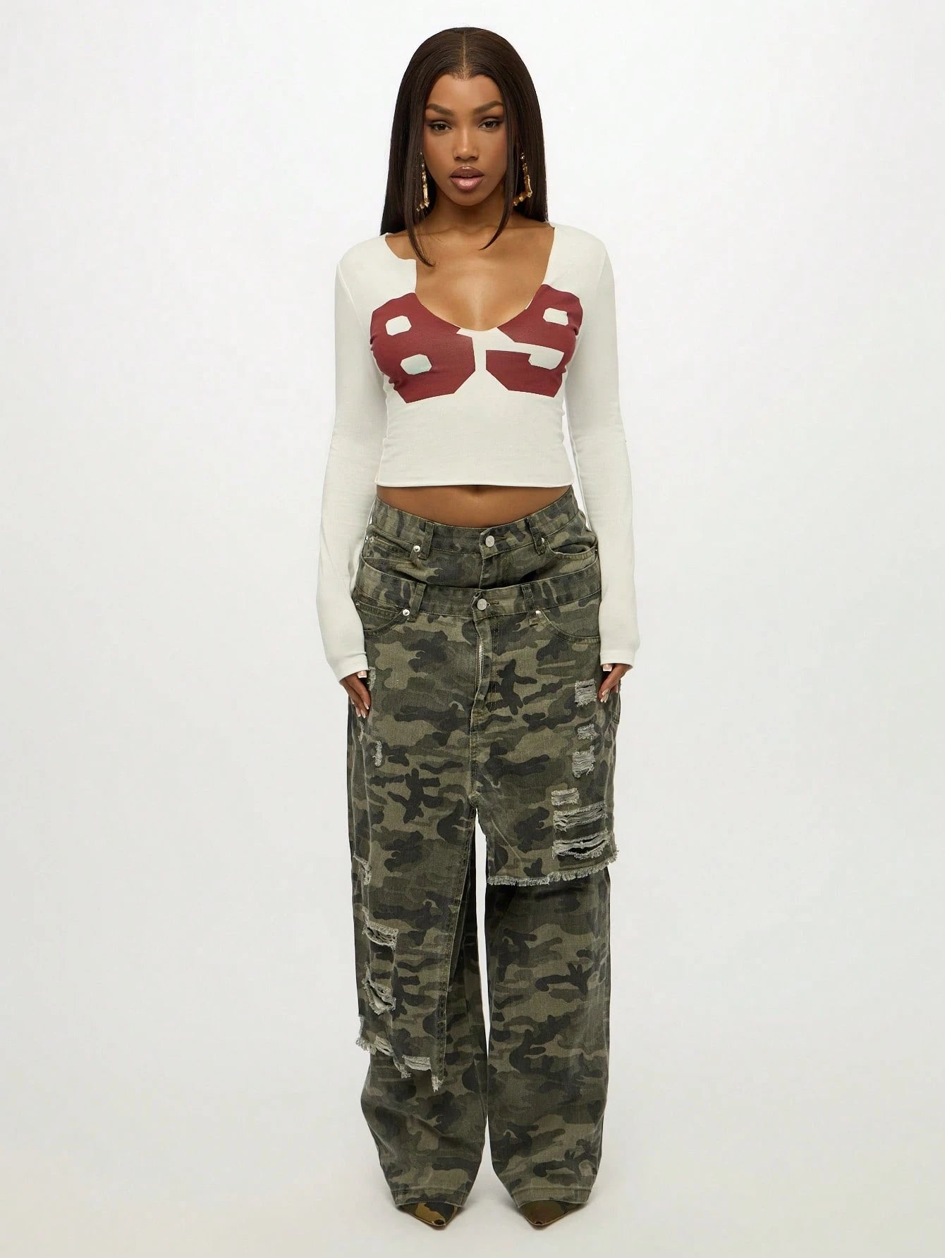 SUMWON Plus Size Long Sleeve Graphic Print Crop Top With Red Design For Casual Everyday Wear Fall