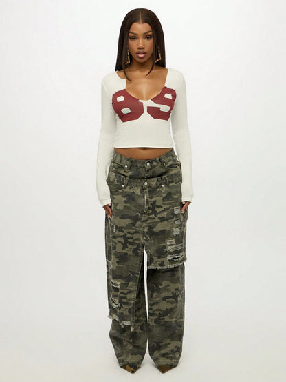 SUMWON Plus Size Long Sleeve Graphic Print Crop Top With Red Design For Casual Everyday Wear Fall