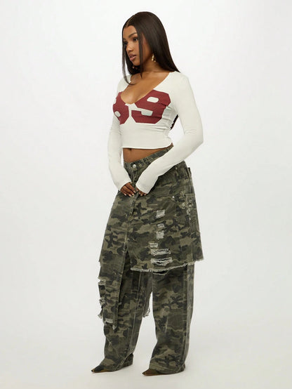 SUMWON Plus Size Long Sleeve Graphic Print Crop Top With Red Design For Casual Everyday Wear Fall