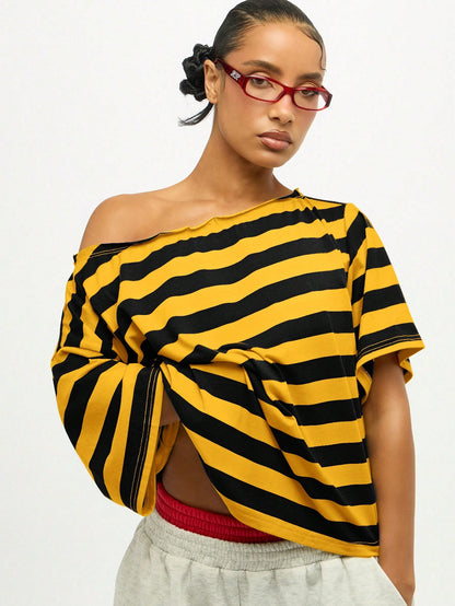 SUMWON Plus Size Off Shoulder Striped T-Shirt With Asymmetric Hem And Knotted Detail For Casual Summer Wear