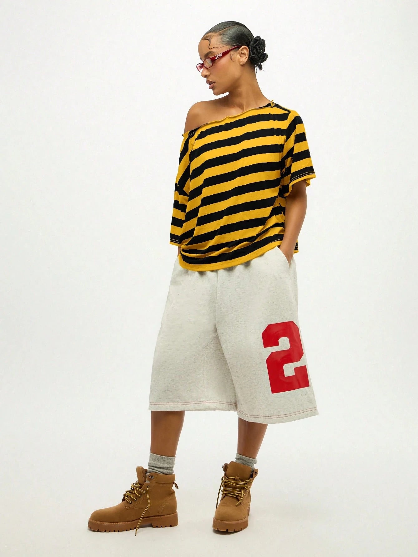 SUMWON Plus Size Off Shoulder Striped T-Shirt With Asymmetric Hem And Knotted Detail For Casual Summer Wear