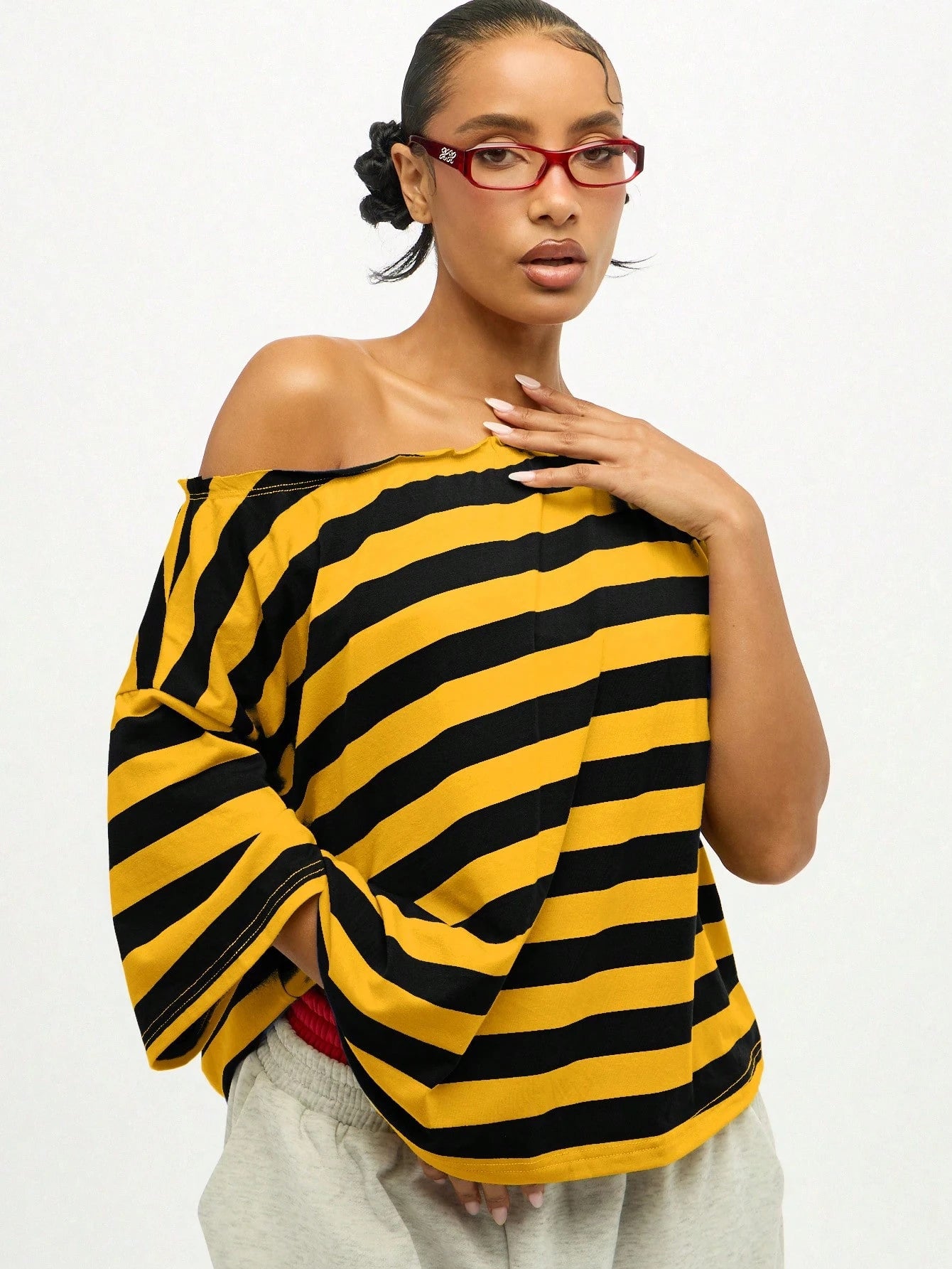 SUMWON Plus Size Off Shoulder Striped T-Shirt With Asymmetric Hem And Knotted Detail For Casual Summer Wear