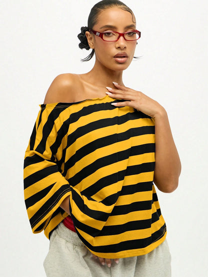 SUMWON Plus Size Off Shoulder Striped T-Shirt With Asymmetric Hem And Knotted Detail For Casual Summer Wear