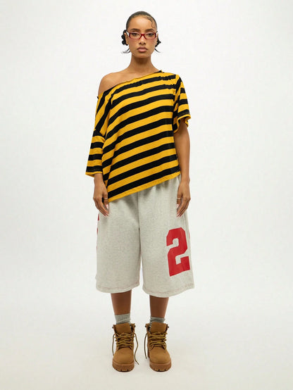 SUMWON Plus Size Off Shoulder Striped T-Shirt With Asymmetric Hem And Knotted Detail For Casual Summer Wear